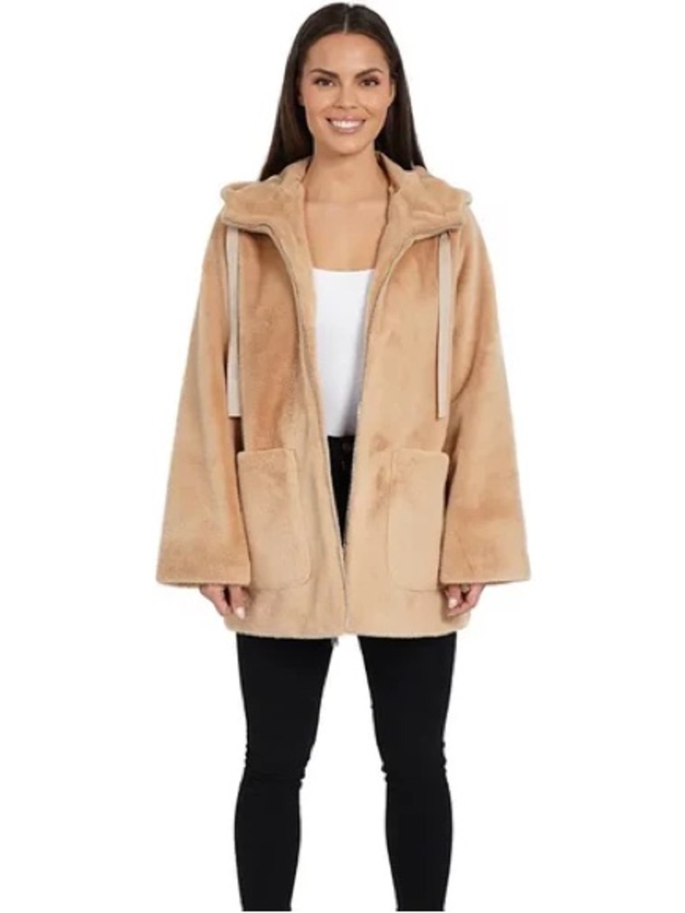 Love Token Faux Fur Jacket Coat Beige Tan Hooded Large L